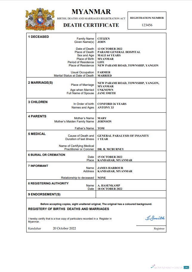 Download Myanmar death certificate Word and PDF template Photoshop template